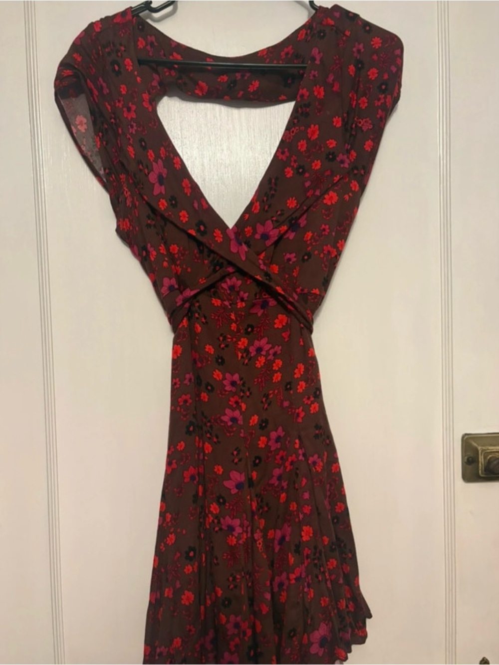 Brown Floral Wrap Dress with Red & Pink Accents